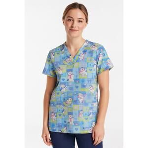 White Cross Scrub Top Polar Bear Snowflakes Christmas Winter Holiday Print Small